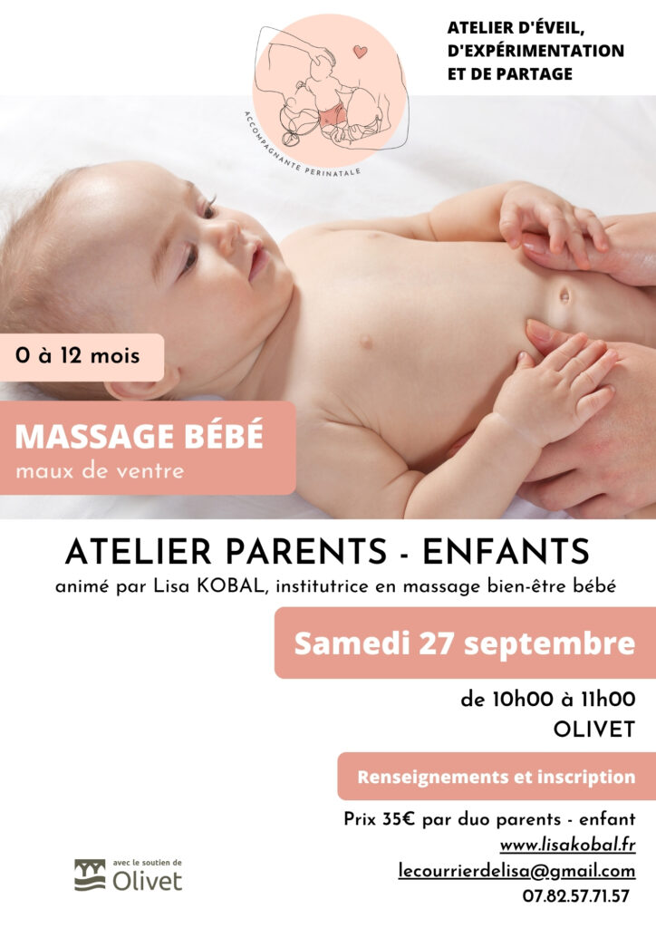 Atelier massage bébé "maux de ventre" animé par Lisa KOBAL le samedi 27  septembre 2025 de 10h à 11h à Olivet